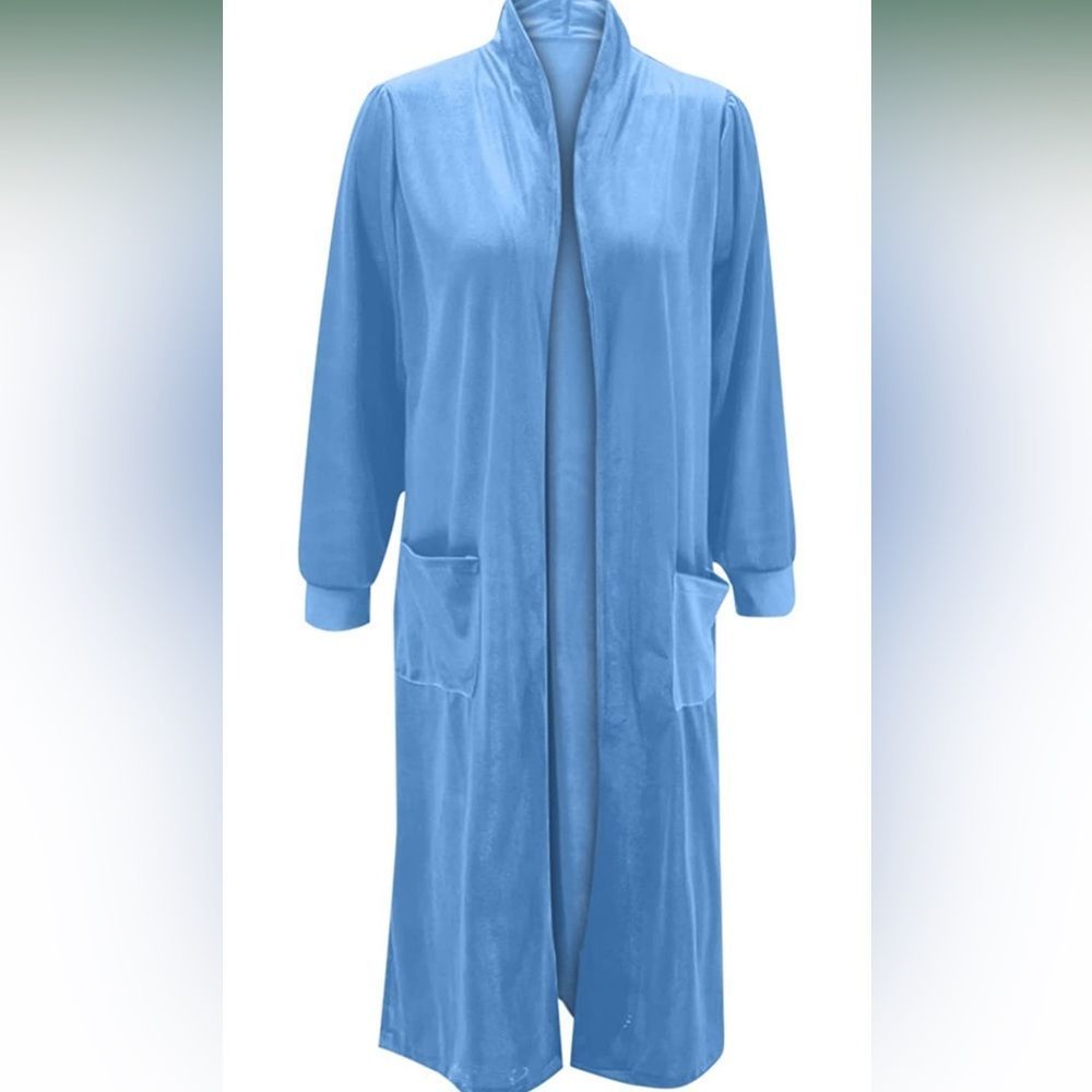 Longline Velvet Retro Duster Coat Jacket in Powder Blue - Picture 15 of 16